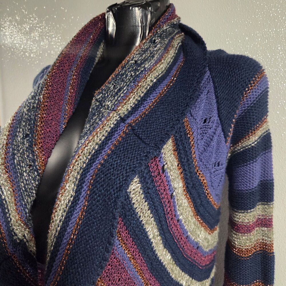 Rosie Neira Anthropologie Curved Stripes Crochet Cardigan Sweater Metallic Sz S